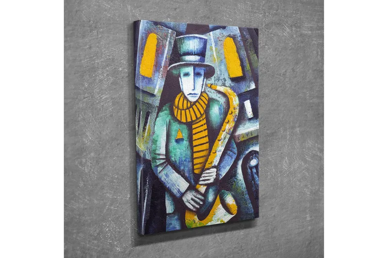 Pieni canvas-taulu 30x40 cm - Muusikko soittaa saksofonia kaupunkiympäristössä, Sininen / Keltainen / Vihreä