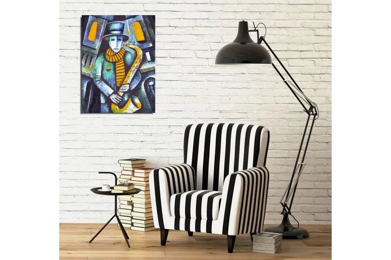 Pieni canvas-taulu 30x40 cm - Muusikko soittaa saksofonia kaupunkiympäristössä - Sininen / Keltainen / Vihreä - Sisustustuotteet - Taulu & taide - Canvas-taulu