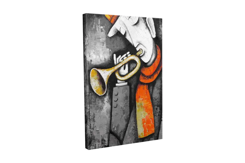 Pieni canvas-taulu 30x40 cm - Muusikko soittaa trumpettia punaisen huivin kanssa - Harmaa / Musta / Keltainen - Sisustustuotteet - Taulu & taide - Canvas-taulu