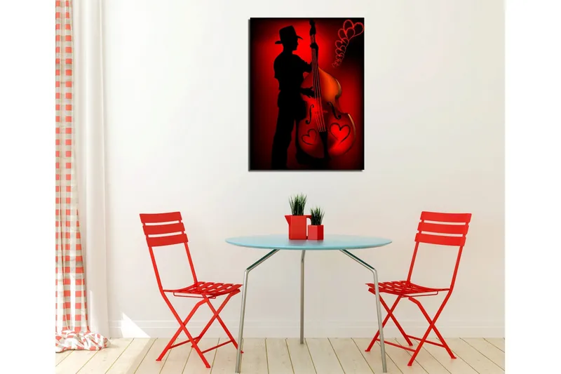 Pieni canvas-taulu 30x40 cm - Muusikon siluetti soittamassa kontrabassoa sydämenmuotoisilla yksityiskohdilla - Punainen / Musta - Sisustustuotteet - Taulu & taide - Canvas-taulu