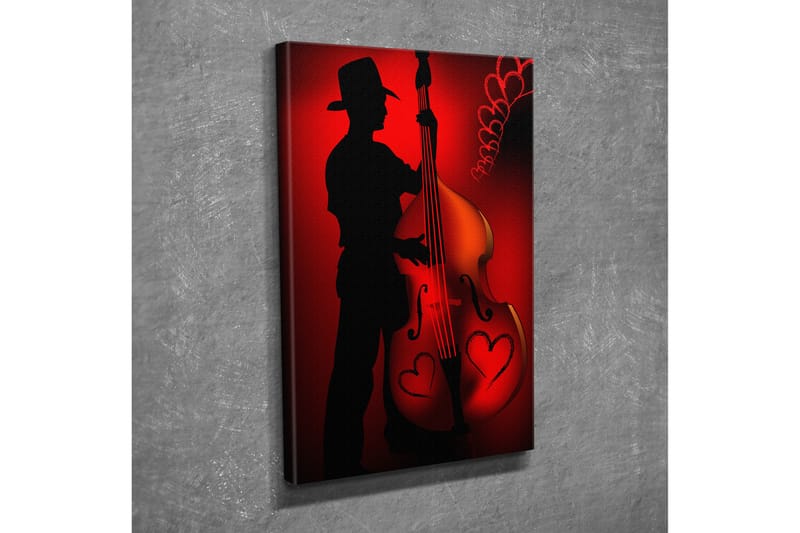 Pieni canvas-taulu 30x40 cm - Muusikon siluetti soittamassa kontrabassoa sydämenmuotoisilla yksityiskohdilla - Punainen / Musta - Sisustustuotteet - Taulu & taide - Canvas-taulu