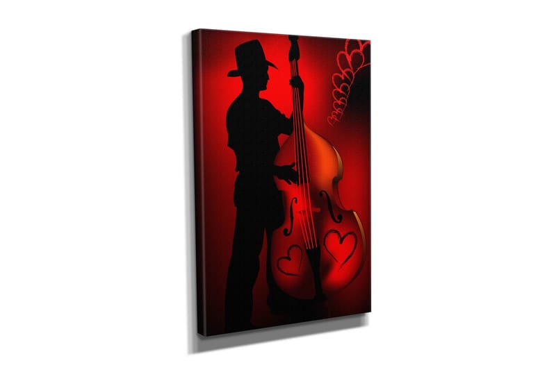 Pieni canvas-taulu 30x40 cm - Muusikon siluetti soittamassa kontrabassoa sydämenmuotoisilla yksityiskohdilla - Punainen / Musta - Sisustustuotteet - Taulu & taide - Canvas-taulu