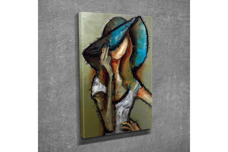 Pieni canvas-taulu 30x40 cm - Nainen isossa hatussa rennossa asennossa, Sininen / Beige / Ruskea