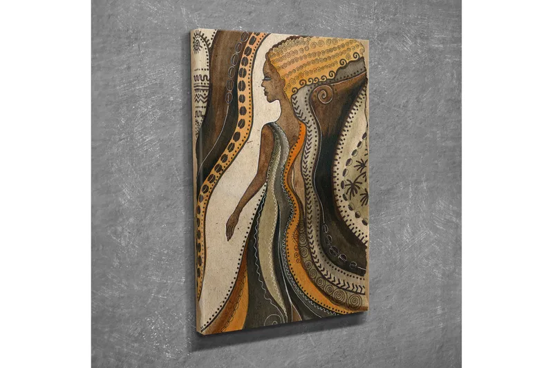 Pieni canvas-taulu 30x40 cm - Naisen siluetti soljuvine linjoineen ja kuvioineen, Ruskea / Beige / Oranssi