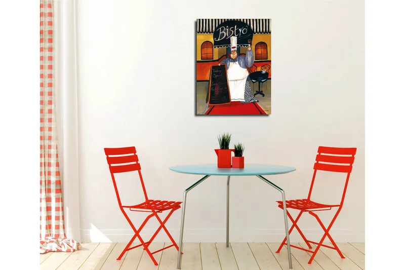 Pieni canvas-taulu 30x40 cm - Onnellinen kokki bistrossa ruokalista kädessään - Punainen / Beige / Musta - Sisustustuotteet - Taulu & taide - Canvas-taulu