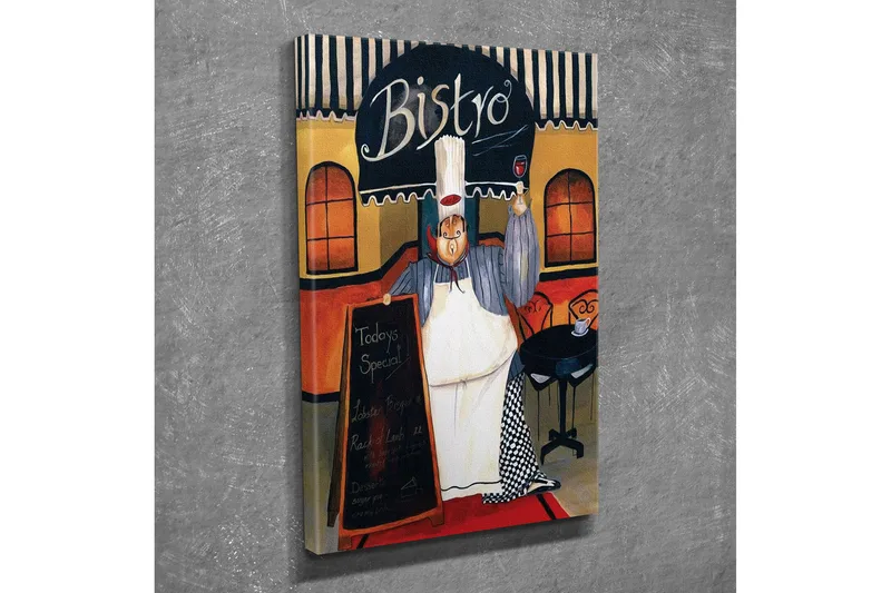 Pieni canvas-taulu 30x40 cm - Onnellinen kokki bistrossa ruokalista kädessään, Punainen / Beige / Musta