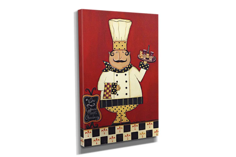 Pieni canvas-taulu 30x40 cm - Onnellinen kokki tarjottimen kanssa, joka on täynnä ruokaa ja juomia - Punainen / Valkoinen / Musta - Sisustustuotteet - Taulu & taide - Canvas-taulu