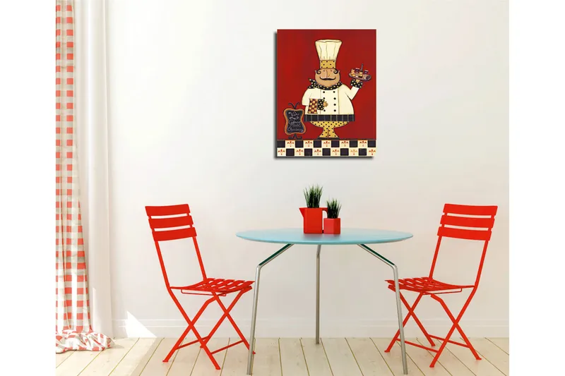 Pieni canvas-taulu 30x40 cm - Onnellinen kokki tarjottimen kanssa, joka on täynnä ruokaa ja juomia - Punainen / Valkoinen / Musta - Sisustustuotteet - Taulu & taide - Canvas-taulu