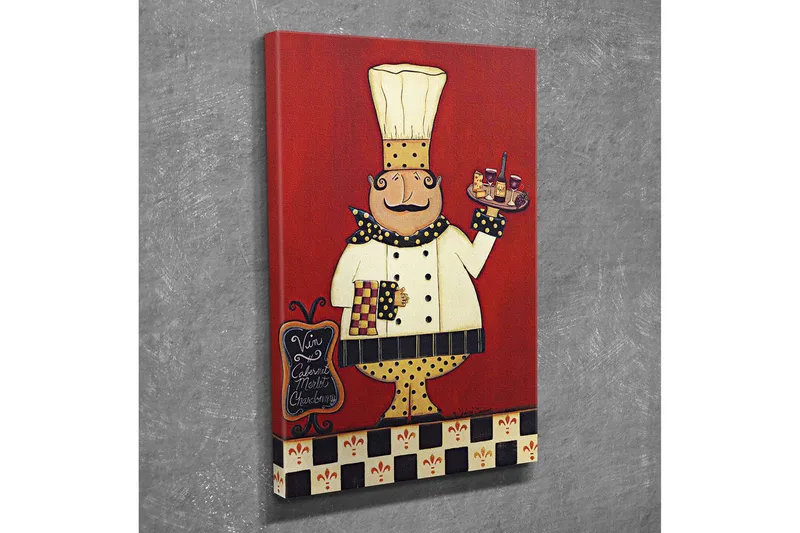 Pieni canvas-taulu 30x40 cm - Onnellinen kokki tarjottimen kanssa, joka on täynnä ruokaa ja juomia, Punainen / Valkoinen / Musta