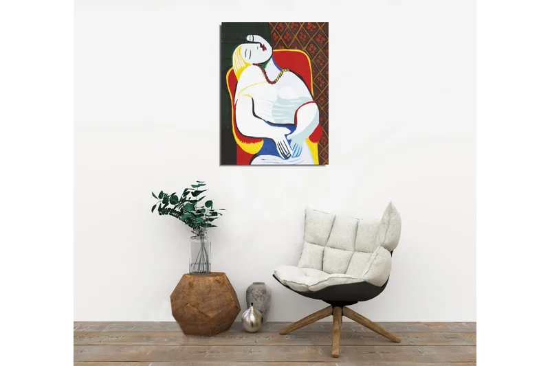 Pieni canvas-taulu 30x40 cm - Rentoutunut nainen värikkäässä ympäristössä - Punainen / Keltainen / Vihreä - Sisustustuotteet - Taulu & taide - Canvas-taulu