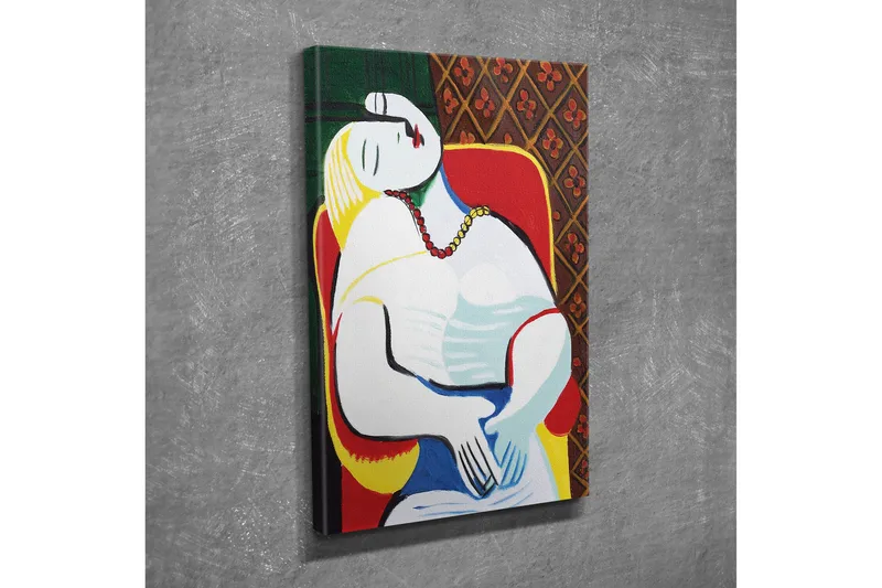 Pieni canvas-taulu 30x40 cm - Rentoutunut nainen värikkäässä ympäristössä, Punainen / Keltainen / Vihreä