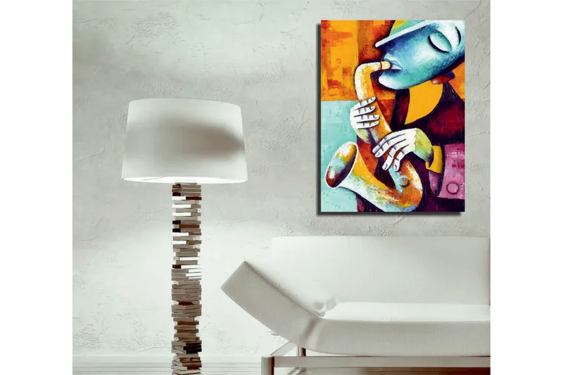 Pieni canvas-taulu 30x40 cm - Saksofonia soittava muusikko ilmeikkäine kasvonpiirteineen - Turkoosi / Oranssi / Punainen - Sisustustuotteet - Taulu & taide - Canvas-taulu