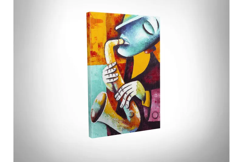 Pieni canvas-taulu 30x40 cm - Saksofonia soittava muusikko ilmeikkäine kasvonpiirteineen - Turkoosi / Oranssi / Punainen - Sisustustuotteet - Taulu & taide - Canvas-taulu