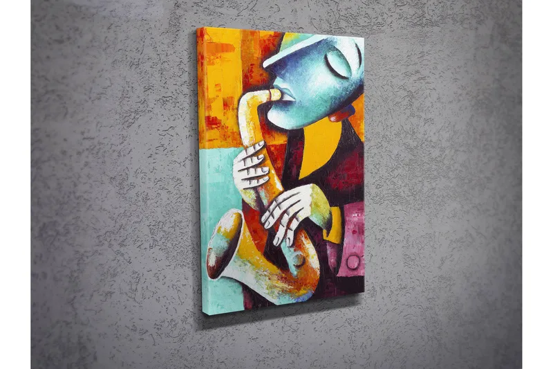 Pieni canvas-taulu 30x40 cm - Saksofonia soittava muusikko ilmeikkäine kasvonpiirteineen, Turkoosi / Oranssi / Punainen