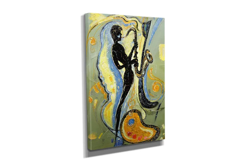 Pieni canvas-taulu 30x40 cm - Saksofonistin siluetti dynaamisessa sommitelmassa - Musta / Kulta / Vaaleansininen - Sisustustuotteet - Taulu & taide - Canvas-taulu