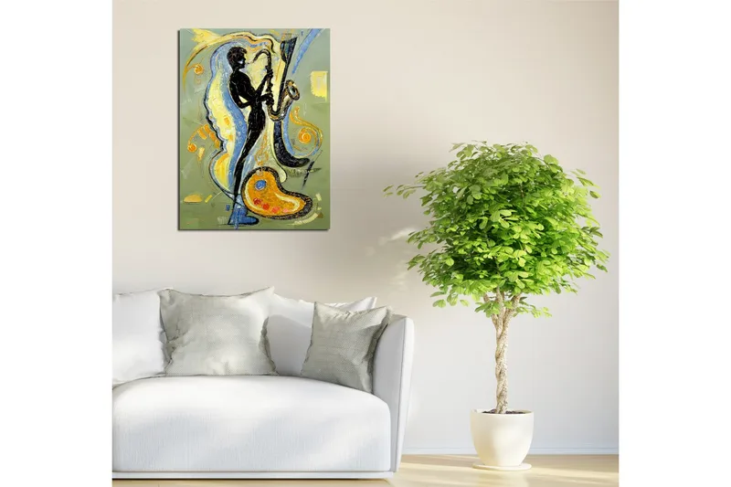 Pieni canvas-taulu 30x40 cm - Saksofonistin siluetti dynaamisessa sommitelmassa - Musta / Kulta / Vaaleansininen - Sisustustuotteet - Taulu & taide - Canvas-taulu