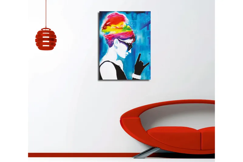 Pieni canvas-taulu 30x40 cm - Siluetti naisesta värikkäässä kampauksessa ja aurinkolaseissa - Sininen / Vaaleanpunainen / Keltainen - Sisustustuotteet - Taulu & taide - Canvas-taulu