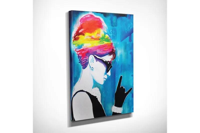 Pieni canvas-taulu 30x40 cm - Siluetti naisesta värikkäässä kampauksessa ja aurinkolaseissa - Sininen / Vaaleanpunainen / Keltainen - Sisustustuotteet - Taulu & taide - Canvas-taulu