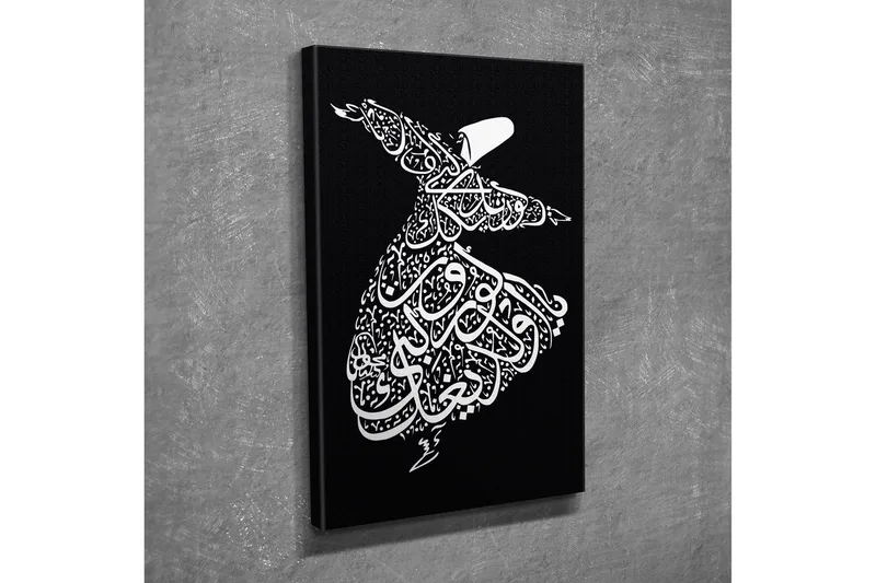 Pieni canvas-taulu 30x40 cm - Tanssiva hahmo kalligrafisessa tyyliss ä, Valkoinen / Musta