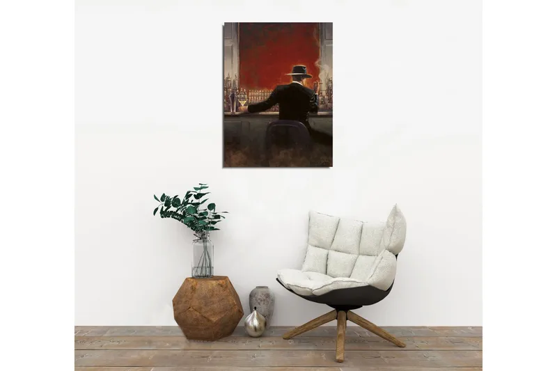 Pieni canvas-taulu 30x40 cm - Tyylikäs mustapukuinen mies istuu baarissa cocktail kädessään - Punainen / Musta / Beige - Sisustustuotteet - Taulu & taide - Canvas-taulu