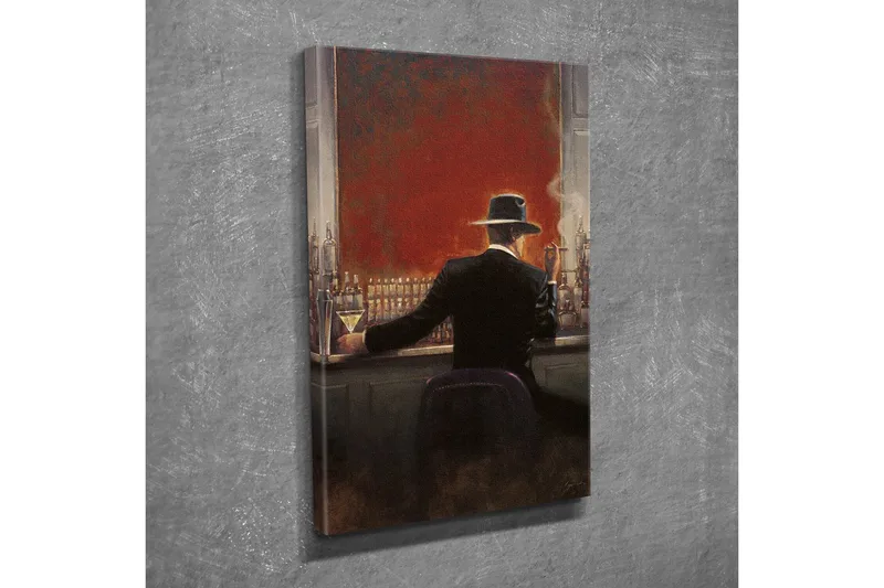 Pieni canvas-taulu 30x40 cm - Tyylikäs mustapukuinen mies istuu baarissa cocktail kädessään, Punainen / Musta / Beige