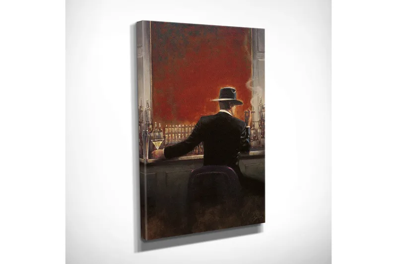 Pieni canvas-taulu 30x40 cm - Tyylikäs mustapukuinen mies istuu baarissa cocktail kädessään - Punainen / Musta / Beige - Sisustustuotteet - Taulu & taide - Canvas-taulu