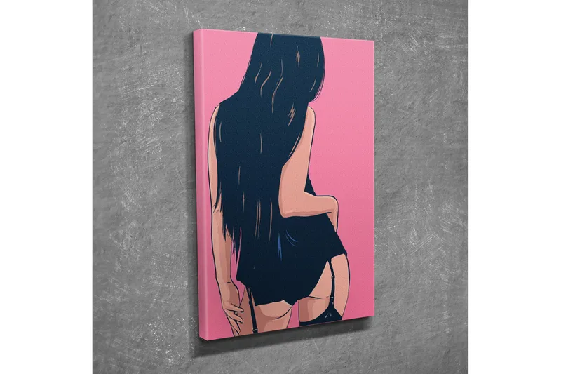 Pieni canvas-taulu 30x40 cm - Tyylitelty pitkätukkainen nainen vihjailevassa asennossa, Tummansininen / Vaaleanpunainen