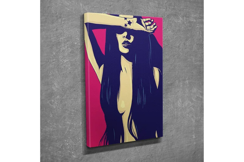 Pieni canvas-taulu 30x40 cm - Tyylitelty pitkätukkainen nainen suojaa kasvojaan käsivarrellaan, Tummansininen / Vaaleanpunainen / Beige