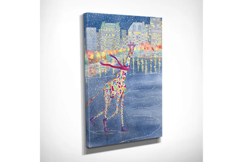 Pieni canvas-taulu 30x40 cm - Värikäs kirahvi luistelee jäätyneellä järvellä talvimaisemassa - Sininen / Punainen / Keltainen - Sisustustuotteet - Taulu & taide - Canvas-taulu