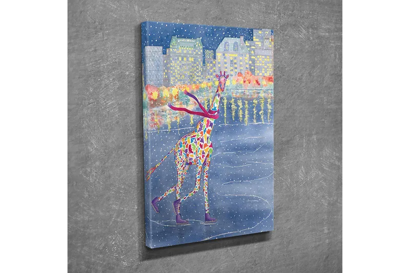 Pieni canvas-taulu 30x40 cm - Värikäs kirahvi luistelee jäätyneellä järvellä talvimaisemassa, Sininen / Punainen / Keltainen