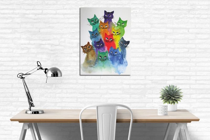 Pieni canvas-taulu 30x40 cm - Värikäs kokoelma kissoja eri sävyissä - Vihreä / Sininen / Violetti - Sisustustuotteet - Taulu & taide - Canvas-taulu