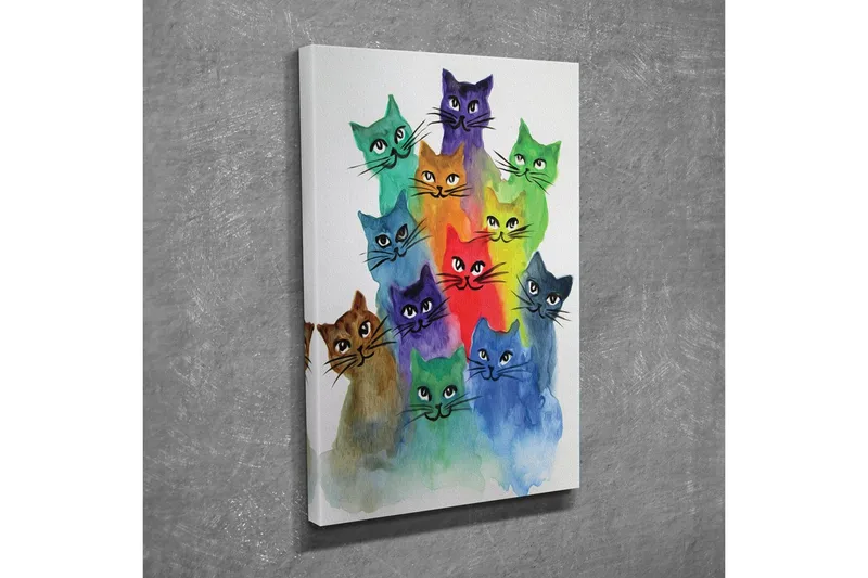 Pieni canvas-taulu 30x40 cm - Värikäs kokoelma kissoja eri sävyissä, Vihreä / Sininen / Violetti