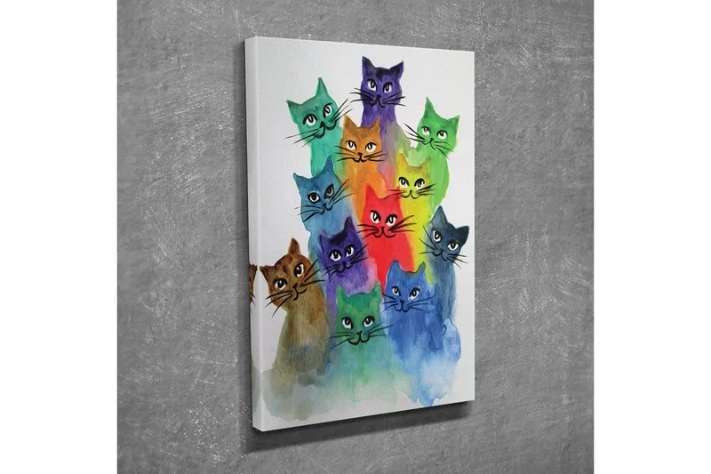 Pieni canvas-taulu 30x40 cm - Värikäs kokoelma kissoja eri sävyissä, Vihreä / Sininen / Violetti