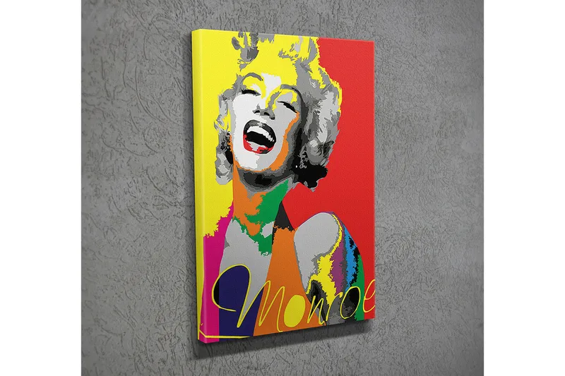 Pieni canvas-taulu 30x40 cm - Värikäs muotokuva hymyilevästä naisesta, Keltainen / Punainen / Harmaa