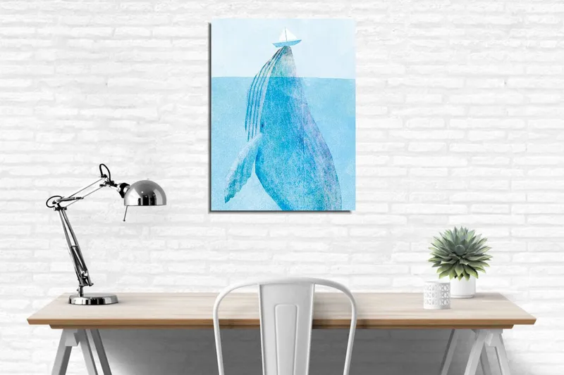 Pieni canvas-taulu 30x40 cm - Valas valaan murtautuessa pintaan purjeveneen kanssa yläpuolella - Vaaleansininen / Tummansininen - Sisustustuotteet - Taulu & taide - Canvas-taulu