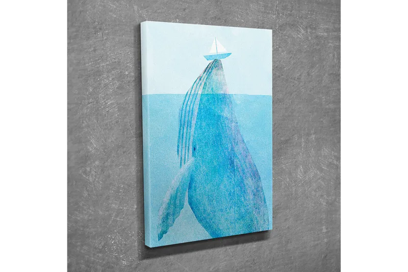 Pieni canvas-taulu 30x40 cm - Valas valaan murtautuessa pintaan purjeveneen kanssa yläpuolella, Vaaleansininen / Tummansininen