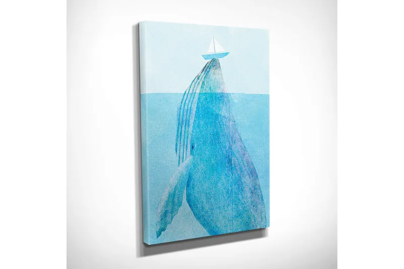 Pieni canvas-taulu 30x40 cm - Valas valaan murtautuessa pintaan purjeveneen kanssa yläpuolella - Vaaleansininen / Tummansininen - Sisustustuotteet - Taulu & taide - Canvas-taulu