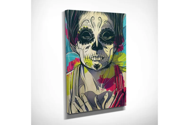 Pieni canvas-taulu 30x40 cm - Veistos naisesta, jolla on luuranko kasvot ja kukkia taustalla - Musta / Vaaleanpunainen / Vihreä - Sisustustuotteet - Taulu & taide - Canvas-taulu