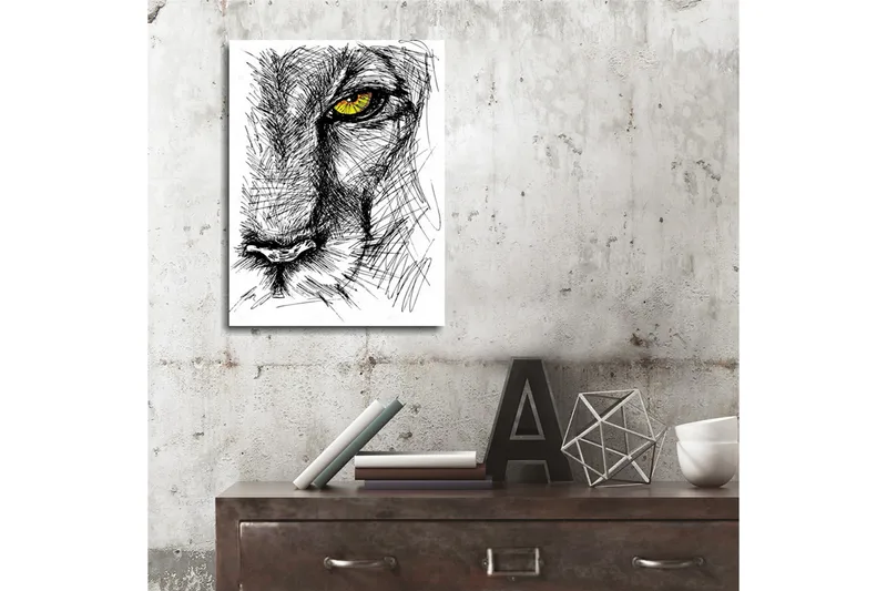 Pieni canvas-taulu 30x40 cm - Yksityiskohtainen luonnos leijonan päästä, jossa keskitytään silmään - Musta / Keltainen - Sisustustuotteet - Taulu & taide - Canvas-taulu