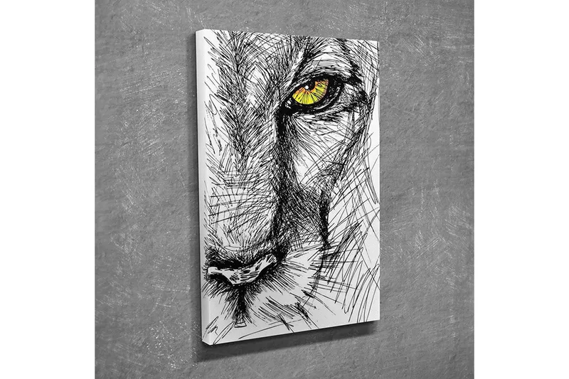 Pieni canvas-taulu 30x40 cm - Yksityiskohtainen luonnos leijonan päästä, jossa keskitytään silmään, Musta / Keltainen