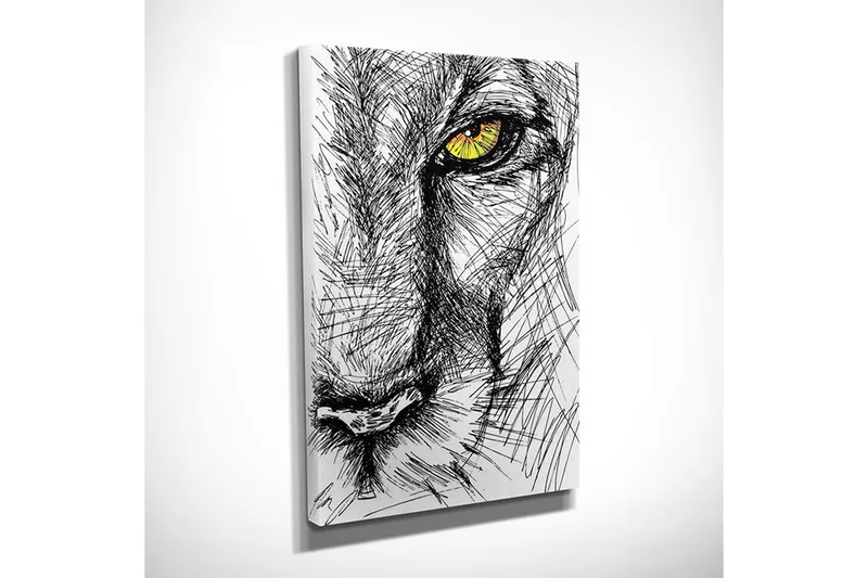 Pieni canvas-taulu 30x40 cm - Yksityiskohtainen luonnos leijonan päästä, jossa keskitytään silmään - Musta / Keltainen - Sisustustuotteet - Taulu & taide - Canvas-taulu