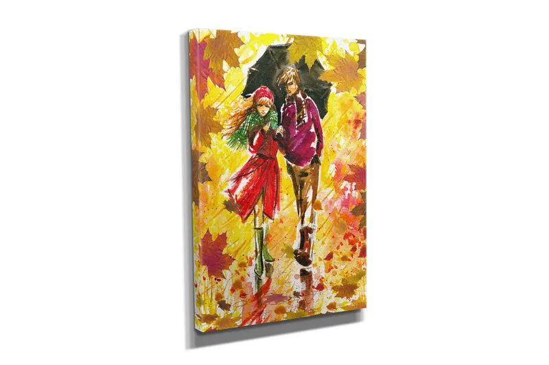 Pieni canvas-taulu 30x40 cm - Pariskunta kävelee sateenvarjon alla syysmaisemassa - Keltainen / Punainen / Vihreä - Sisustustuotteet - Taulu & taide - Canvas-taulu