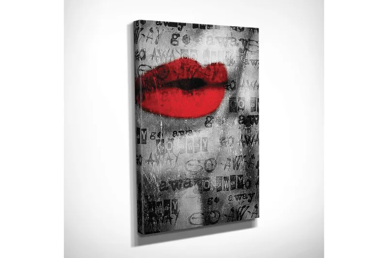 Pieni canvas-taulu 30x40 cm - Punainen huuli mustavalkoista taustaa vasten tekstillä ja kuviolla - Punainen / Musta / Valkoinen - Sisustustuotteet - Taulu & taide - Canvas-taulu