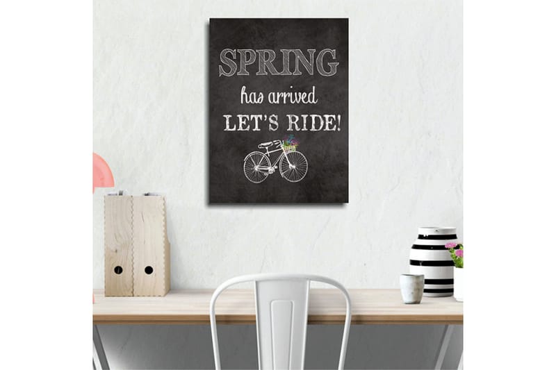 Pieni canvas-taulu 30x40 cm - Polkupyörä kukkakorilla ja tekstillä Spring has arroved, Let's ride! - Valkoinen / Musta / Vihreä - Sisustustuotteet - Taulu & taide - Canvas-taulu