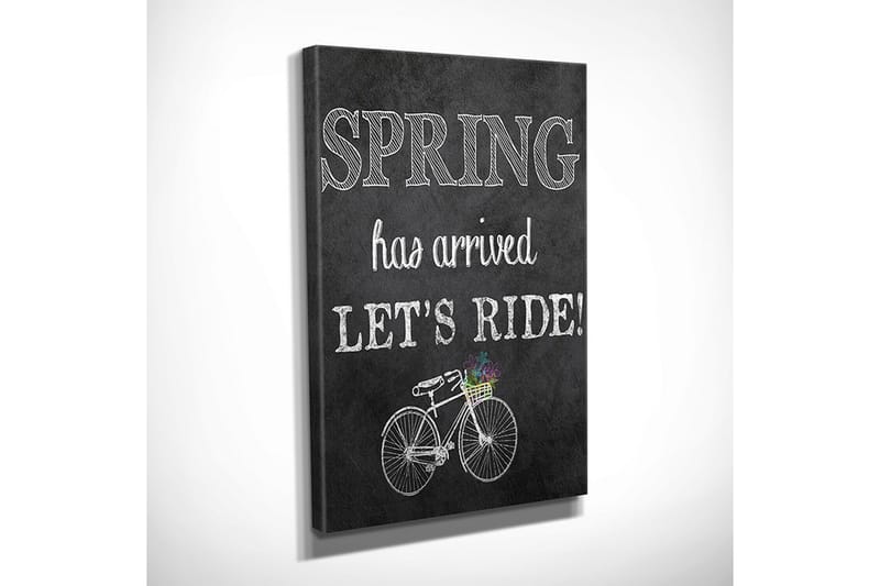Pieni canvas-taulu 30x40 cm - Polkupyörä kukkakorilla ja tekstillä Spring has arroved, Let's ride! - Valkoinen / Musta / Vihreä - Sisustustuotteet - Taulu & taide - Canvas-taulu