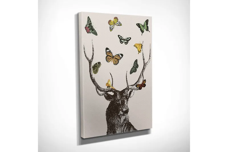 Pieni canvas-taulu 30x40 cm - Peura, jonka pään ympärillä leijuu värikkäitä perhosia - Ruskea / Vihreä / Keltainen - Sisustustuotteet - Taulu & taide - Canvas-taulu