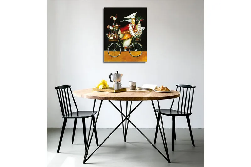 Pieni canvas-taulu 30x40 cm - Pyöräilevä nainen kukkien ja kanojen kanssa polkupyörällä - Musta / Punainen / Keltainen - Sisustustuotteet - Taulu & taide - Canvas-taulu