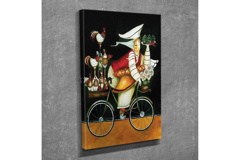 Pieni canvas-taulu 30x40 cm - Pyöräilevä nainen kukkien ja kanojen kanssa polkupyörällä, Musta / Punainen / Keltainen