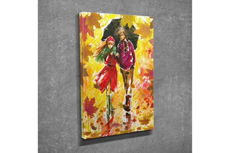 Pieni canvas-taulu 30x40 cm - Pariskunta kävelee sateenvarjon alla syysmaisemassa, Keltainen / Punainen / Vihreä