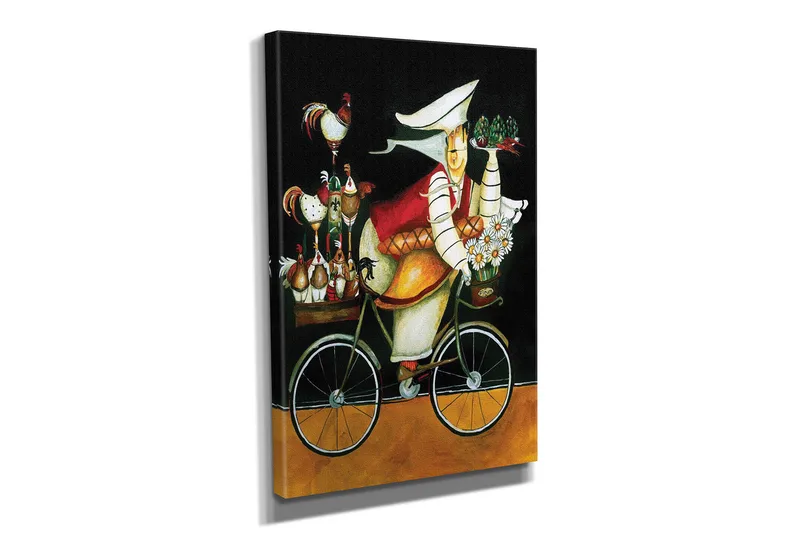 Pieni canvas-taulu 30x40 cm - Pyöräilevä nainen kukkien ja kanojen kanssa polkupyörällä - Musta / Punainen / Keltainen - Sisustustuotteet - Taulu & taide - Canvas-taulu